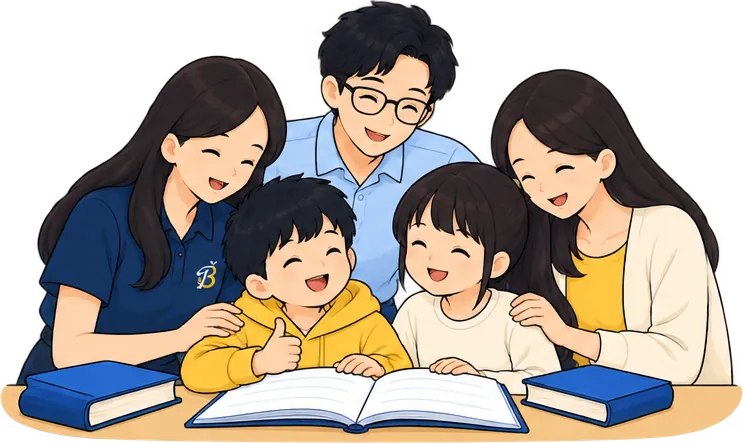 Thầy cô cùng học sinh và phụ huynh vui vẻ bên bàn học