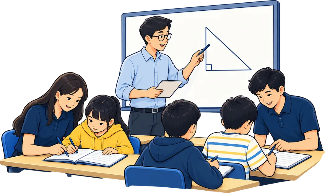 Giáo viên giảng bài trên bảng, hai trợ giảng hỗ trợ học sinh tại bàn